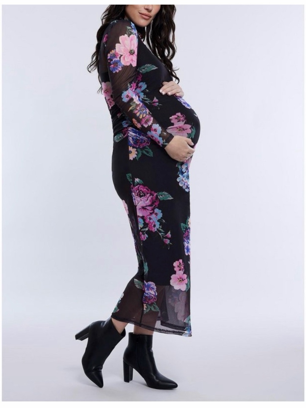 Motherhood Black Maxi Dress with Pink and Purple Floral Print